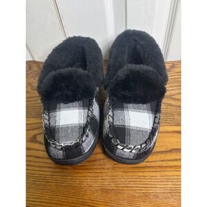 Womens Apres Black White Plaid Moccasin Slippers Faux Fur Comfort Cozy‎ Shoes 6
